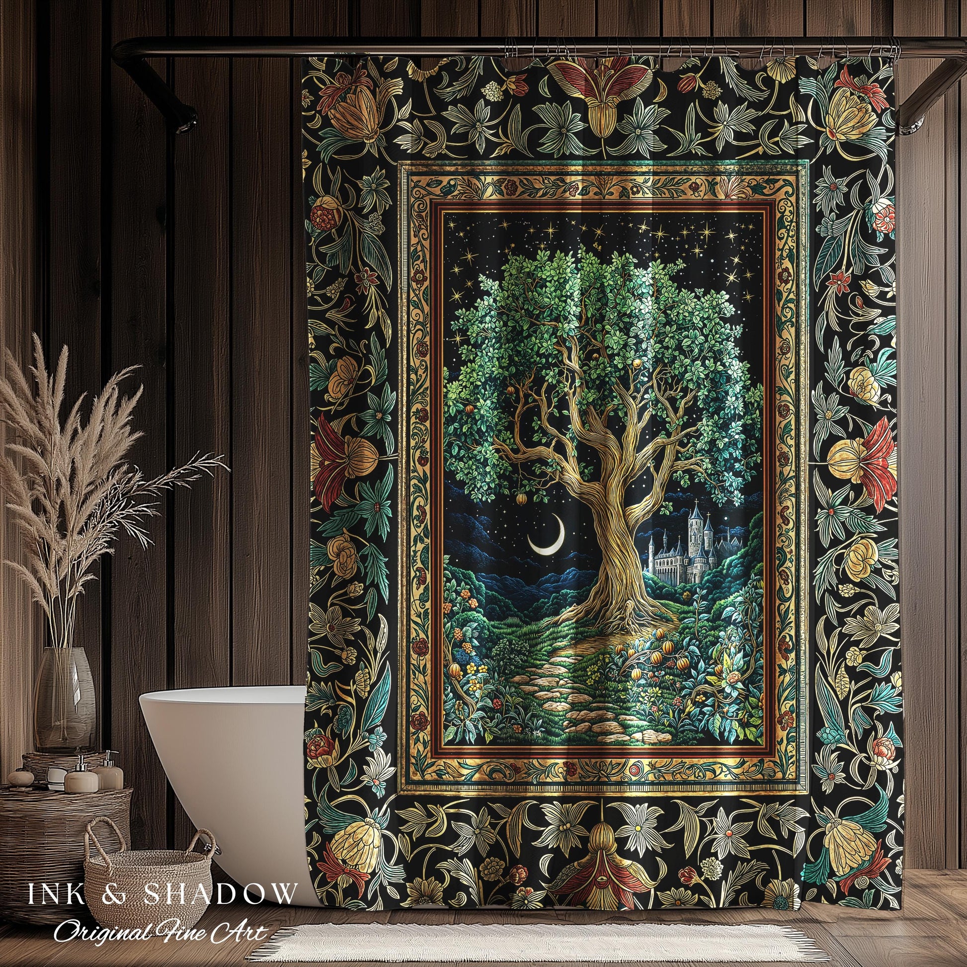 Fantasy Castle Tree of Life Shower Curtain | Celestial Moon Decor Star Garden Design Folklore Inspired Enchanted Forest Medieval Bathroom |