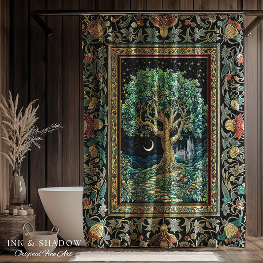 Fantasy Castle Tree of Life Shower Curtain | Celestial Moon Decor Star Garden Design Folklore Inspired Enchanted Forest Medieval Bathroom |