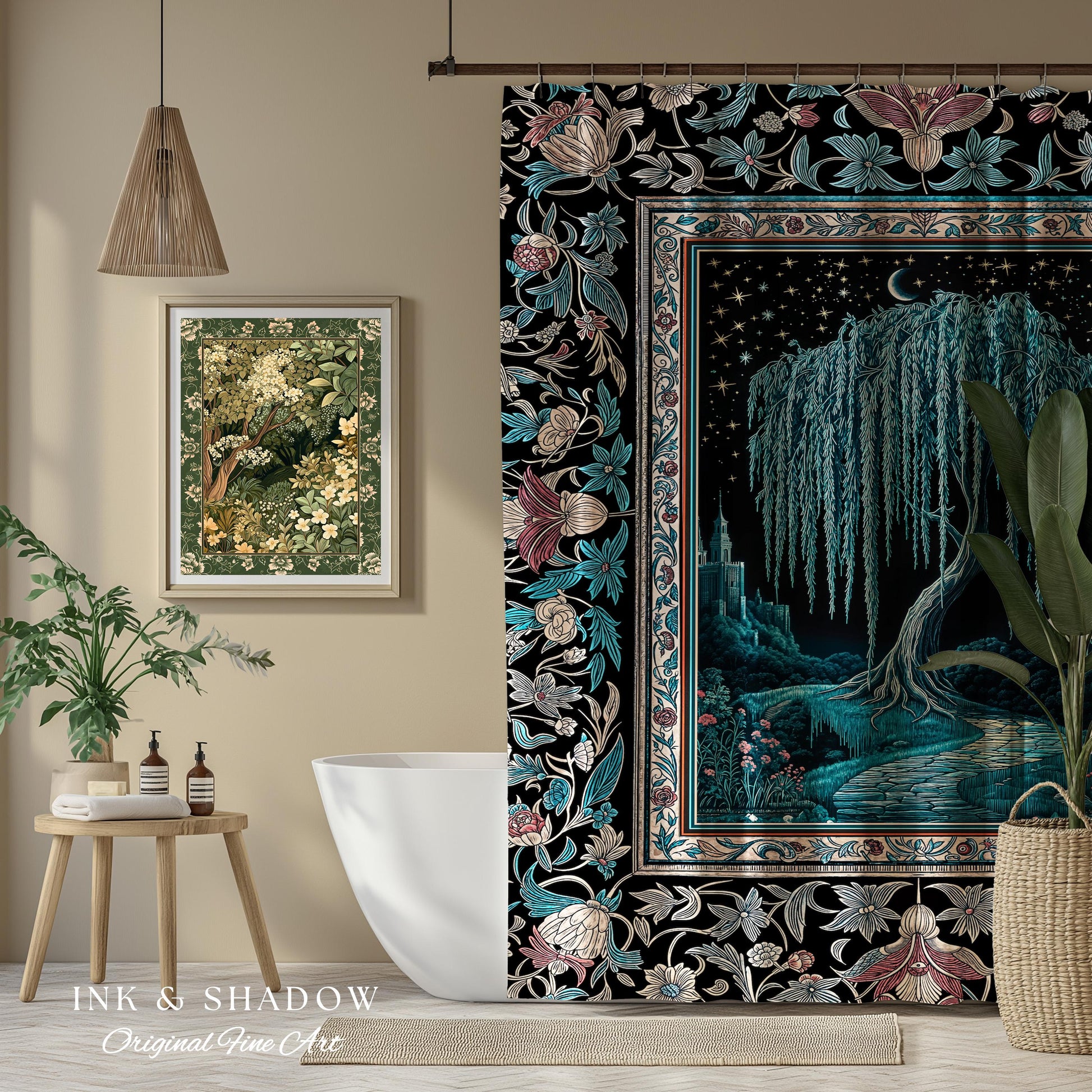 Mystic Weeping Willow Shower Curtain | Moonlit Castle Moody Starry Night Woodland Folklore Fantasy Dark Academia Bathroom Decor Dreamy Style