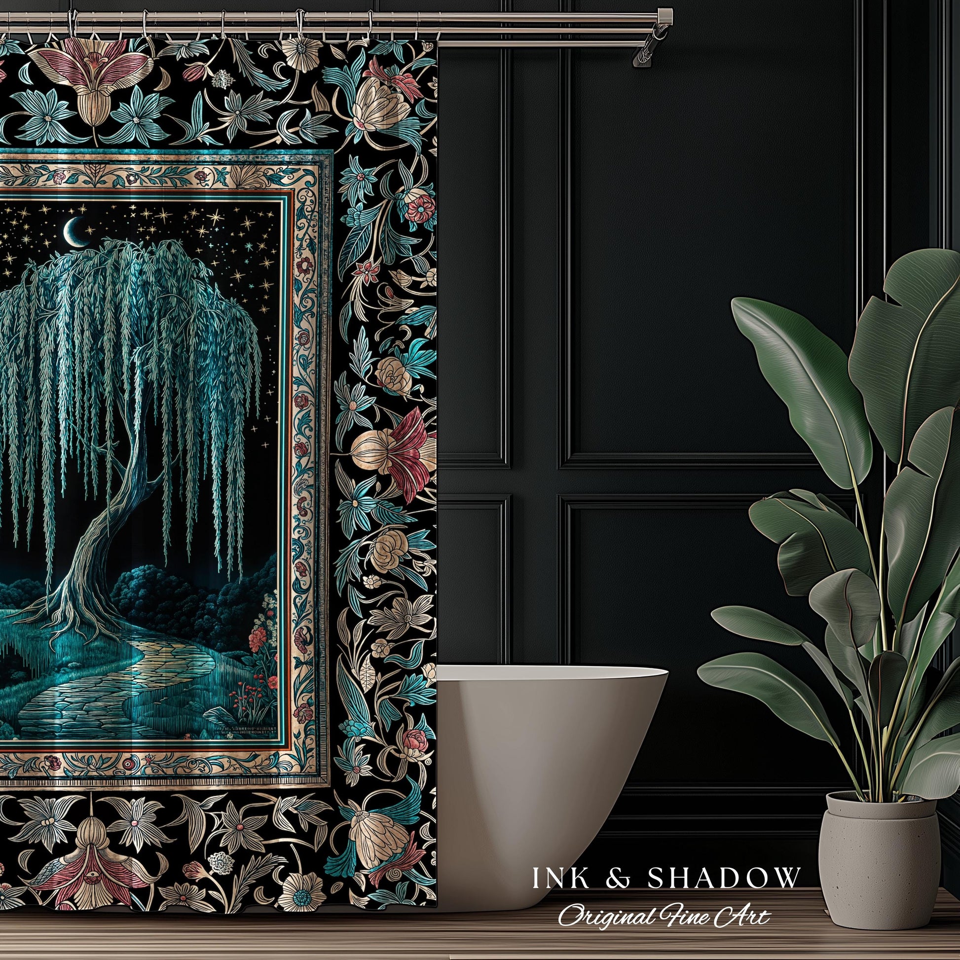 Mystic Weeping Willow Shower Curtain | Moonlit Castle Moody Starry Night Woodland Folklore Fantasy Dark Academia Bathroom Decor Dreamy Style