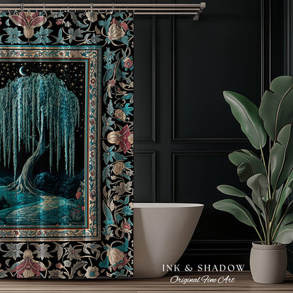 Mystic Weeping Willow Shower Curtain | Moonlit Castle Moody Starry Night Woodland Folklore Fantasy Dark Academia Bathroom Decor Dreamy Style
