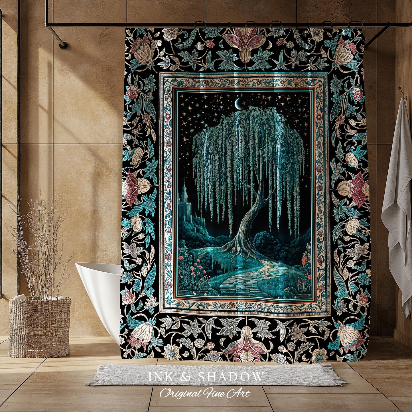 Mystic Weeping Willow Shower Curtain | Moonlit Castle Moody Starry Night Woodland Folklore Fantasy Dark Academia Bathroom Decor Dreamy Style