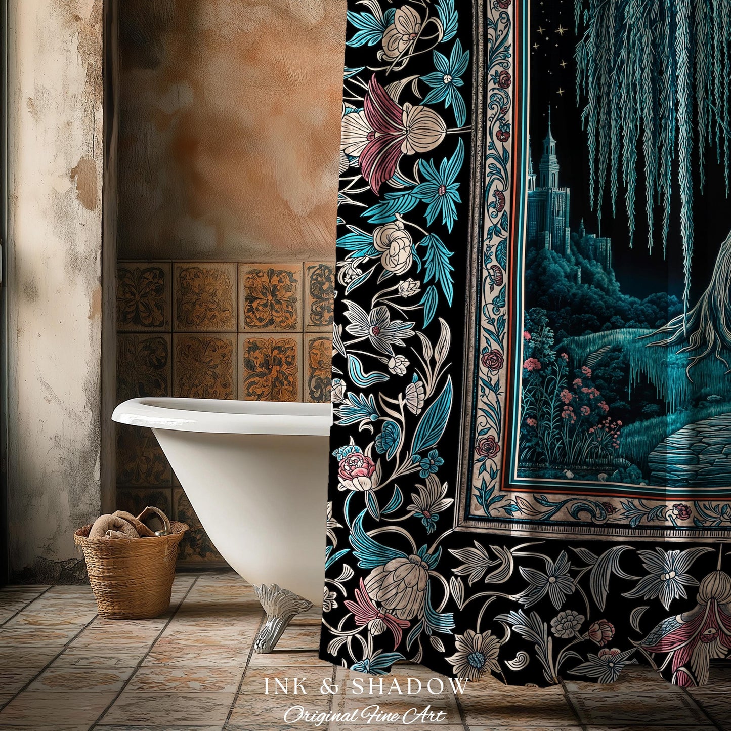 Mystic Weeping Willow Shower Curtain | Moonlit Castle Moody Starry Night Woodland Folklore Fantasy Dark Academia Bathroom Decor Dreamy Style