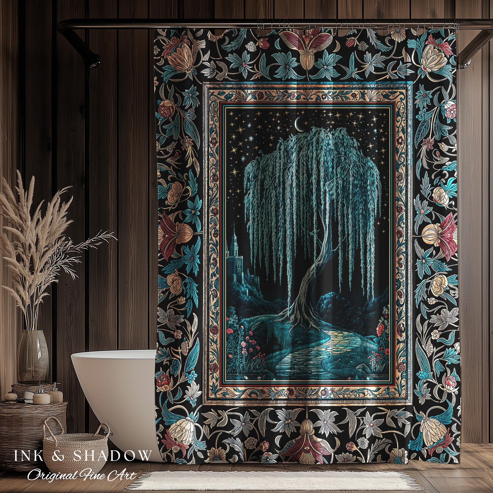 Mystic Weeping Willow Shower Curtain | Moonlit Castle Moody Starry Night Woodland Folklore Fantasy Dark Academia Bathroom Decor Dreamy Style