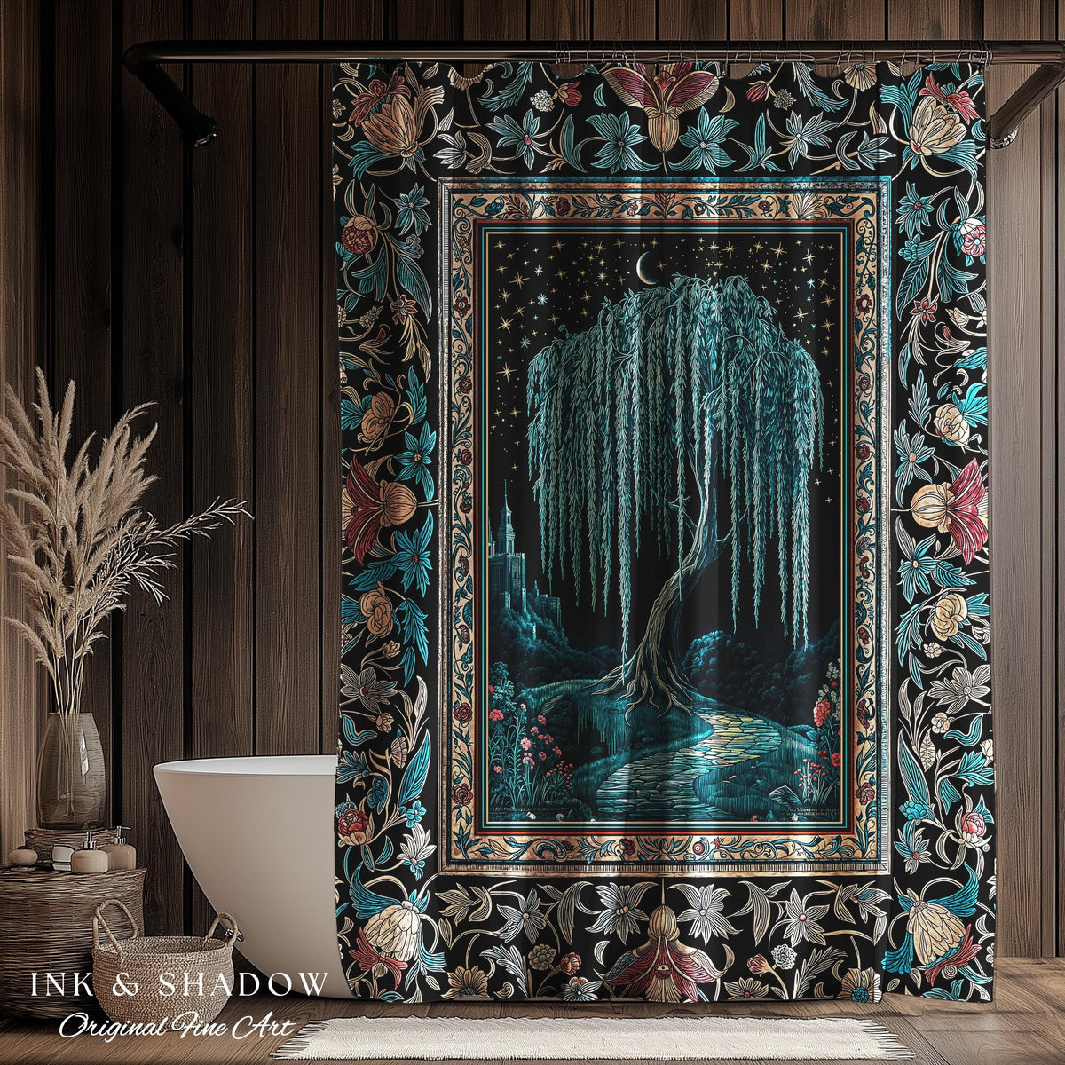 Mystic Weeping Willow Shower Curtain | Moonlit Castle Moody Starry Night Woodland Folklore Fantasy Dark Academia Bathroom Decor Dreamy Style
