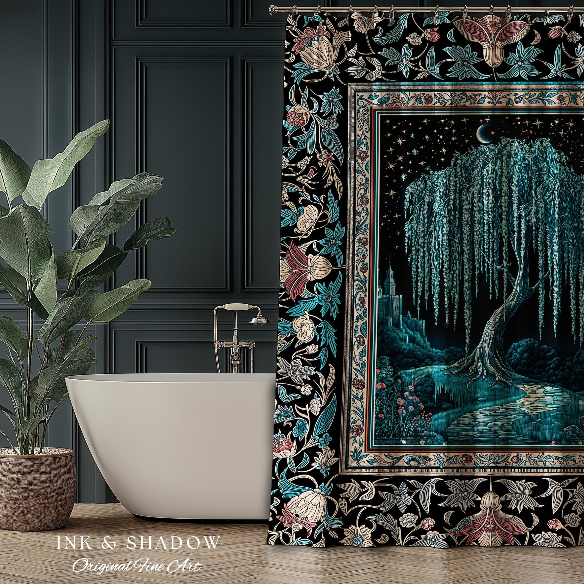 Mystic Weeping Willow Shower Curtain | Moonlit Castle Moody Starry Night Woodland Folklore Fantasy Dark Academia Bathroom Decor Dreamy Style