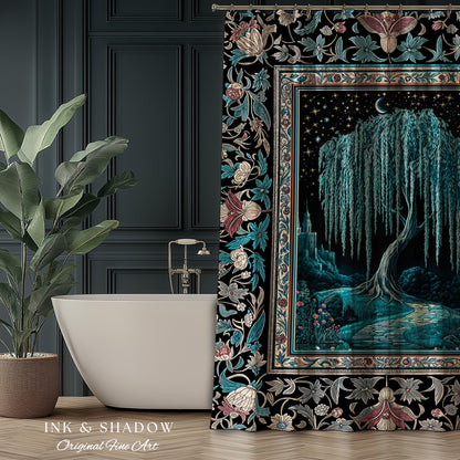 Mystic Weeping Willow Shower Curtain | Moonlit Castle Moody Starry Night Woodland Folklore Fantasy Dark Academia Bathroom Decor Dreamy Style