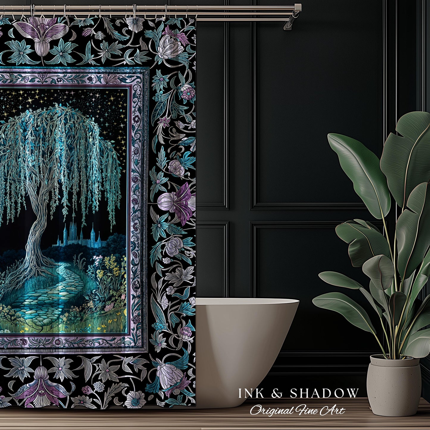 Dreamy Willow Tree Moody Bathroom Decor | Enchanted Aesthetic Celestial Folklore Storybook Witchy Shower Curtain Dark Academia Medieval |