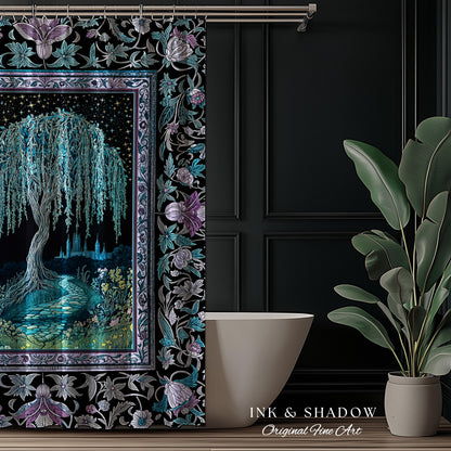 Dreamy Willow Tree Moody Bathroom Decor | Enchanted Aesthetic Celestial Folklore Storybook Witchy Shower Curtain Dark Academia Medieval |