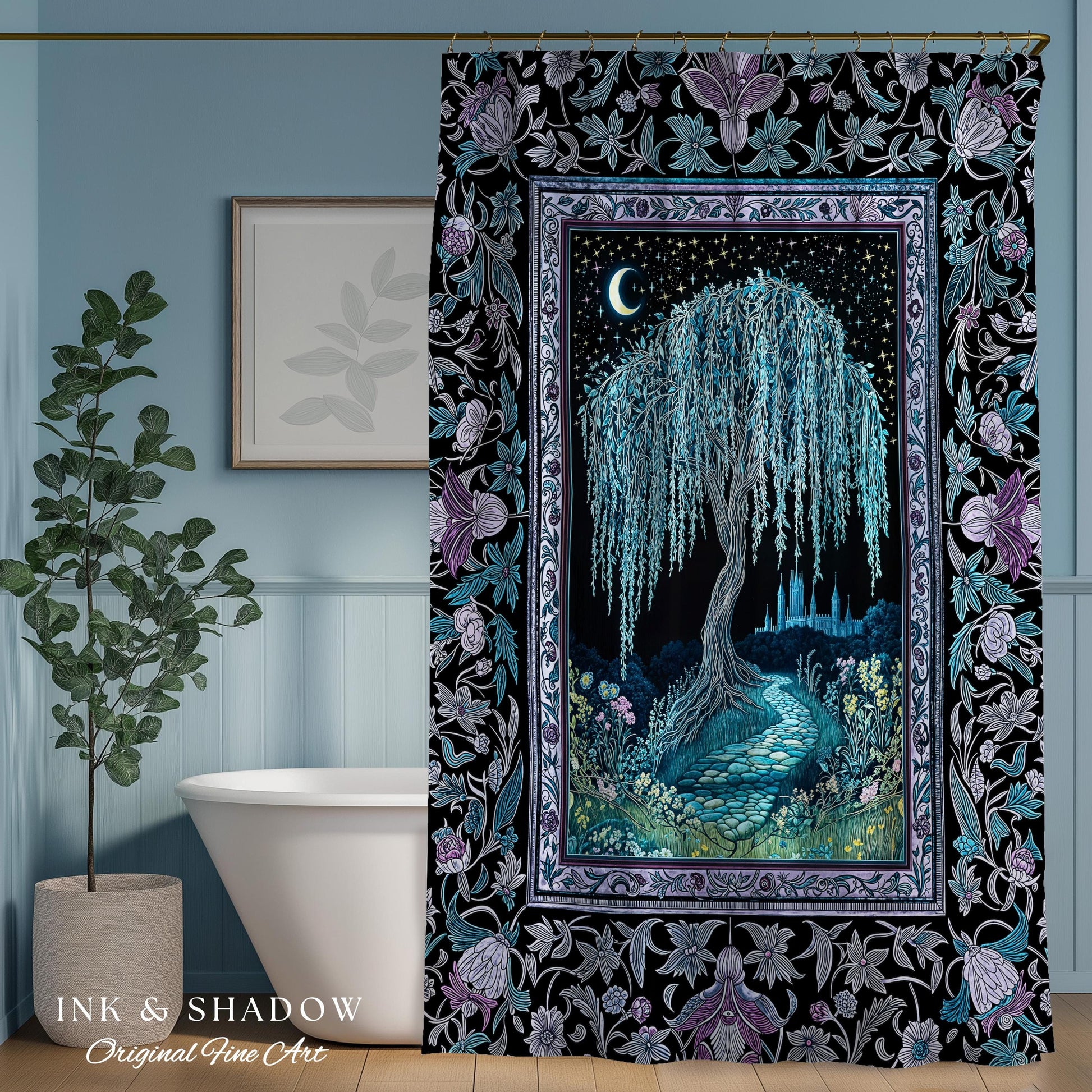 Dreamy Willow Tree Moody Bathroom Decor | Enchanted Aesthetic Celestial Folklore Storybook Witchy Shower Curtain Dark Academia Medieval |