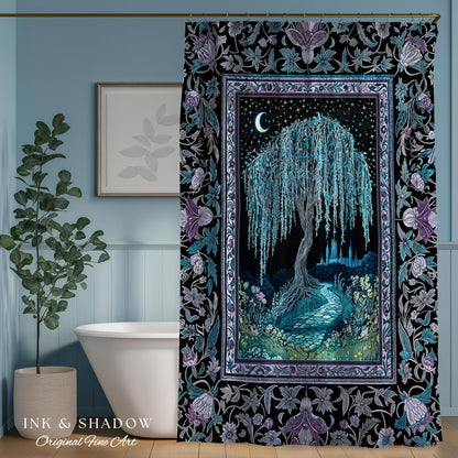 Dreamy Willow Tree Moody Bathroom Decor | Enchanted Aesthetic Celestial Folklore Storybook Witchy Shower Curtain Dark Academia Medieval |