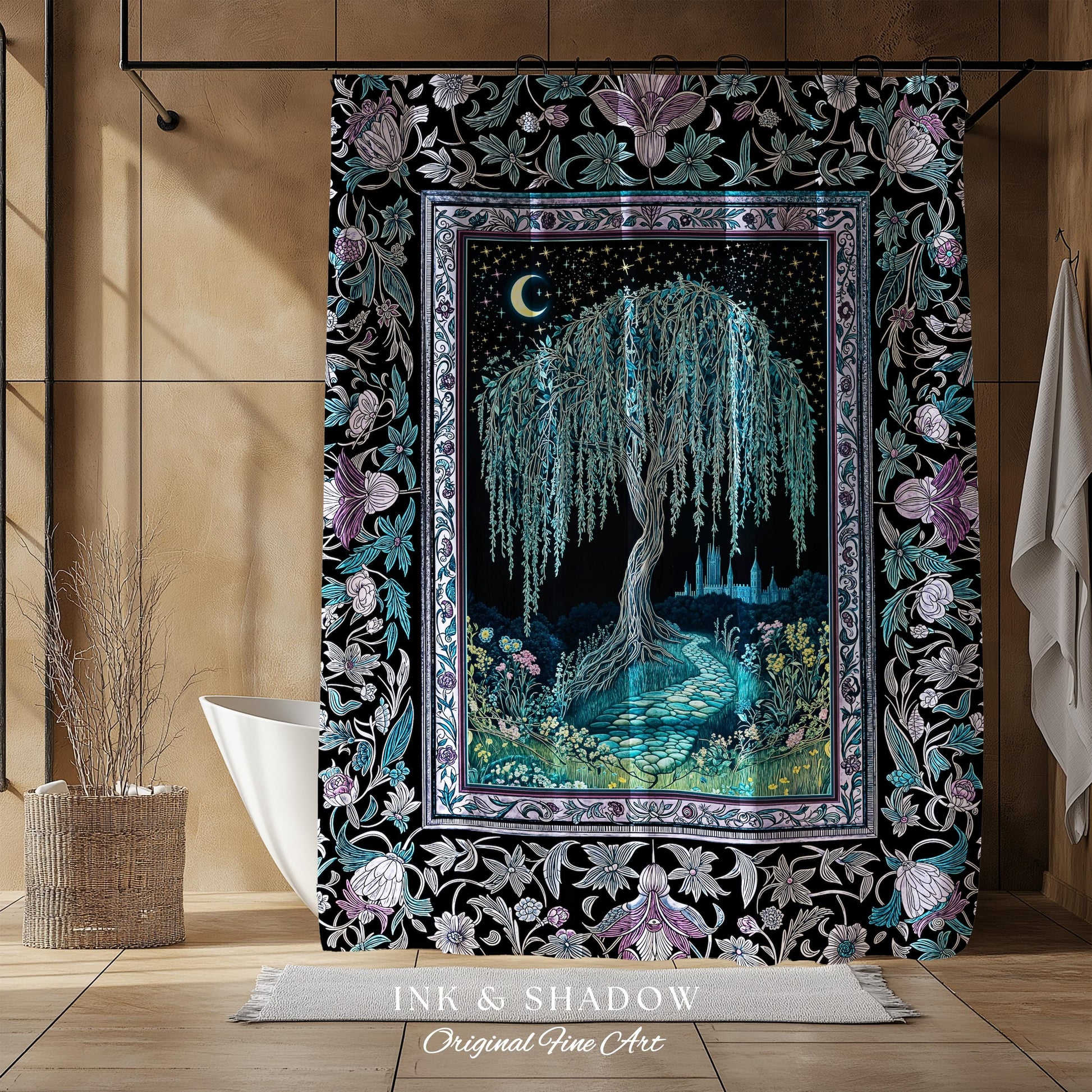Dreamy Willow Tree Moody Bathroom Decor | Enchanted Aesthetic Celestial Folklore Storybook Witchy Shower Curtain Dark Academia Medieval |