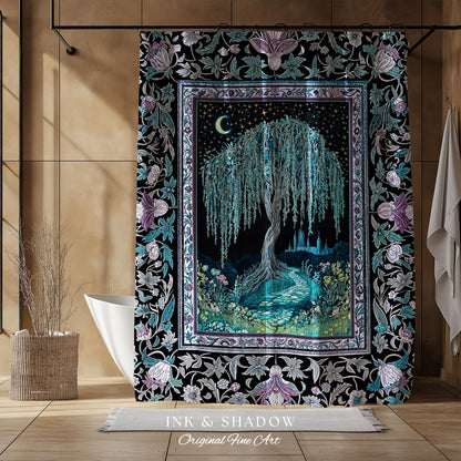Dreamy Willow Tree Moody Bathroom Decor | Enchanted Aesthetic Celestial Folklore Storybook Witchy Shower Curtain Dark Academia Medieval |