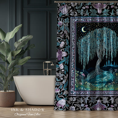 Dreamy Willow Tree Moody Bathroom Decor | Enchanted Aesthetic Celestial Folklore Storybook Witchy Shower Curtain Dark Academia Medieval |