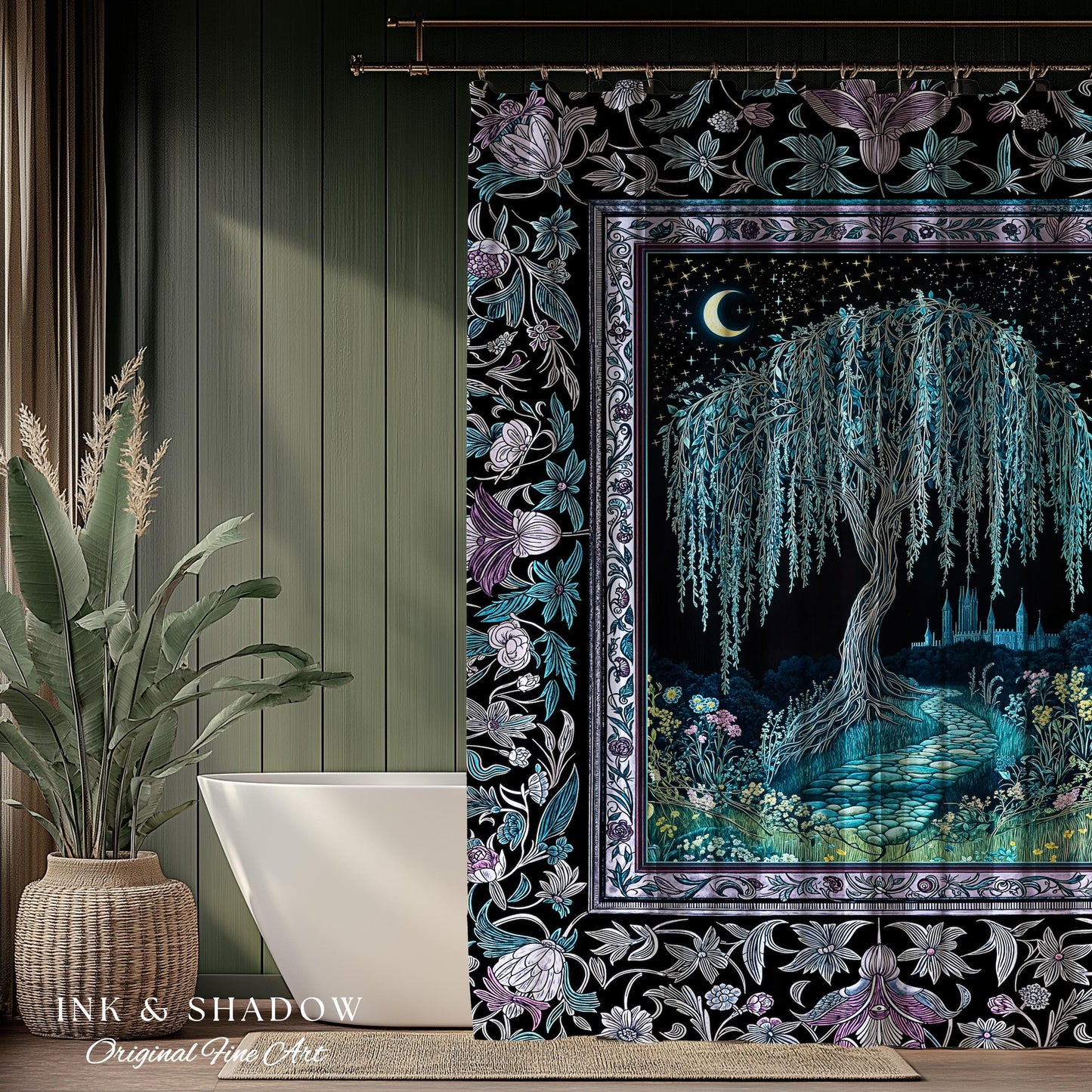 Dreamy Willow Tree Moody Bathroom Decor | Enchanted Aesthetic Celestial Folklore Storybook Witchy Shower Curtain Dark Academia Medieval |
