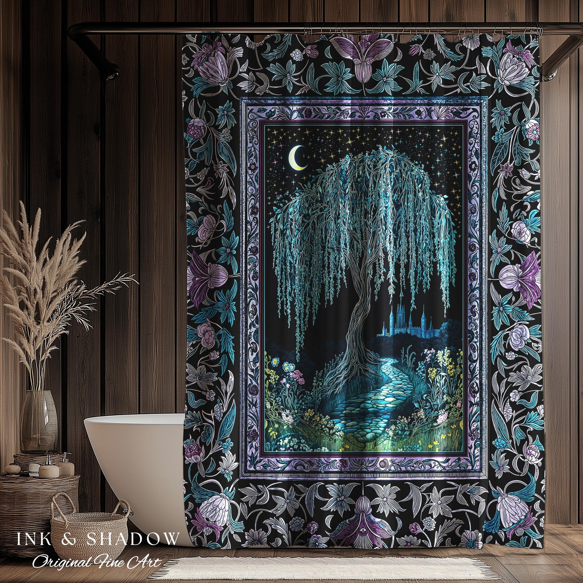 Dreamy Willow Tree Moody Bathroom Decor | Enchanted Aesthetic Celestial Folklore Storybook Witchy Shower Curtain Dark Academia Medieval |
