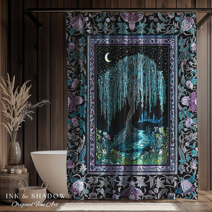 Dreamy Willow Tree Moody Bathroom Decor | Enchanted Aesthetic Celestial Folklore Storybook Witchy Shower Curtain Dark Academia Medieval |