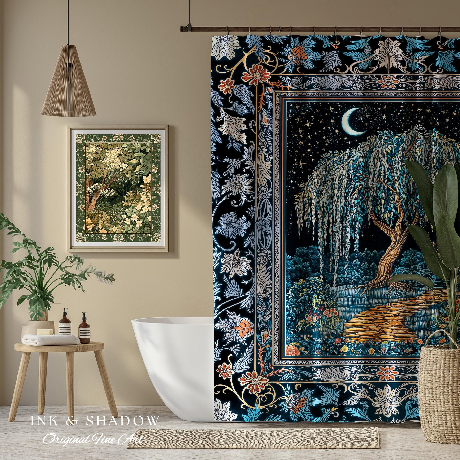 Crescent Moon Medieval Forest Shower Curtain | Weeping Willow Tree Fairytale Castle Garden Folklore Decor Celestial Bathroom Accent Witchy