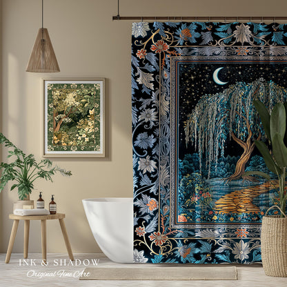 Crescent Moon Medieval Forest Shower Curtain | Weeping Willow Tree Fairytale Castle Garden Folklore Decor Celestial Bathroom Accent Witchy