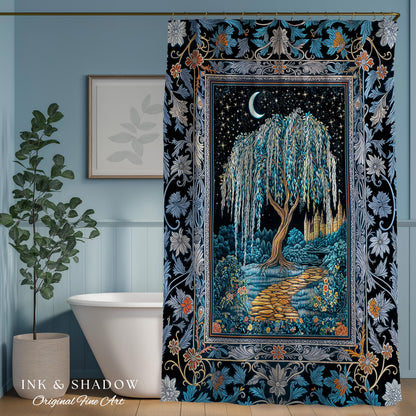 Crescent Moon Medieval Forest Shower Curtain | Weeping Willow Tree Fairytale Castle Garden Folklore Decor Celestial Bathroom Accent Witchy