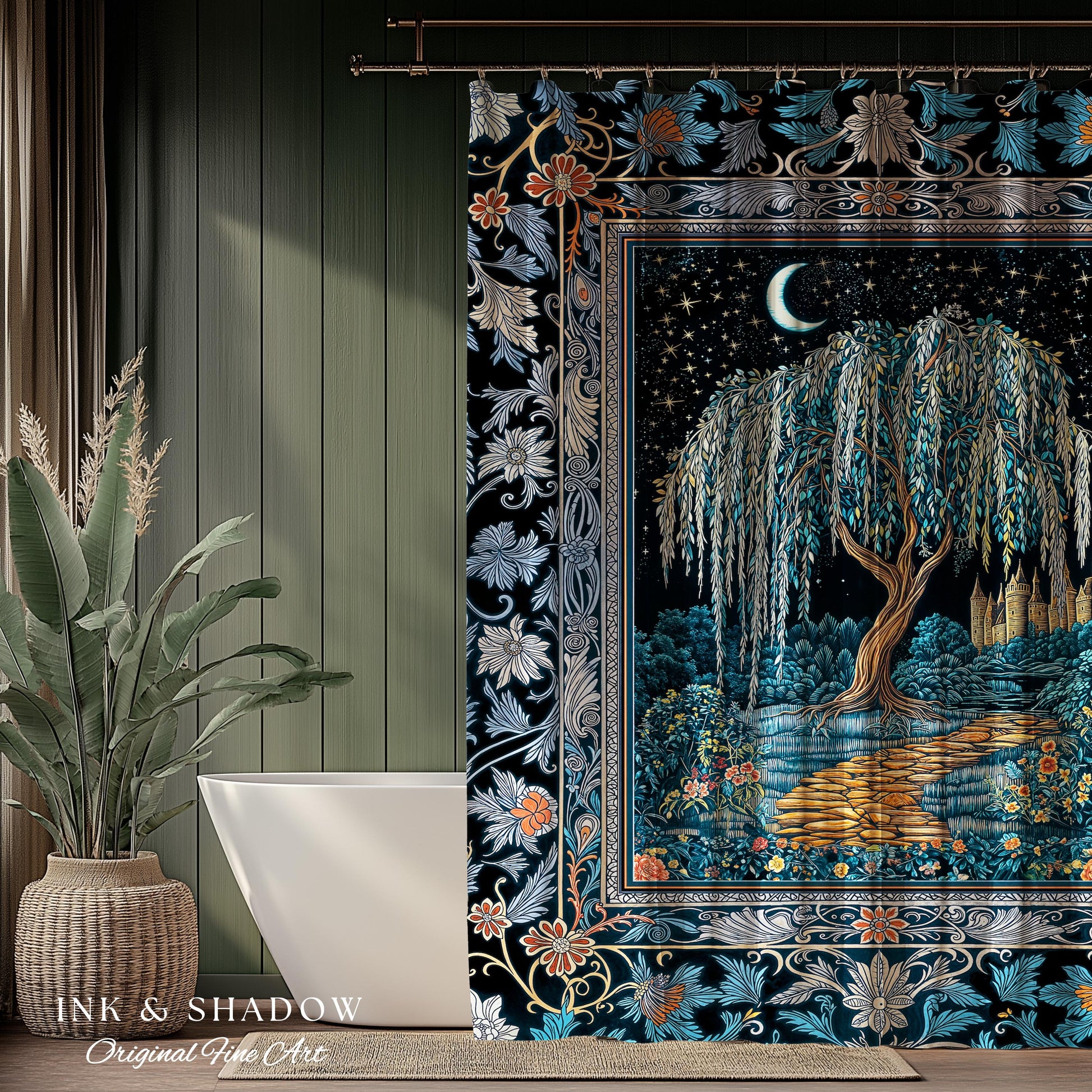 Crescent Moon Medieval Forest Shower Curtain | Weeping Willow Tree Fairytale Castle Garden Folklore Decor Celestial Bathroom Accent Witchy