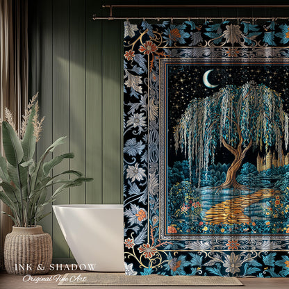 Crescent Moon Medieval Forest Shower Curtain | Weeping Willow Tree Fairytale Castle Garden Folklore Decor Celestial Bathroom Accent Witchy