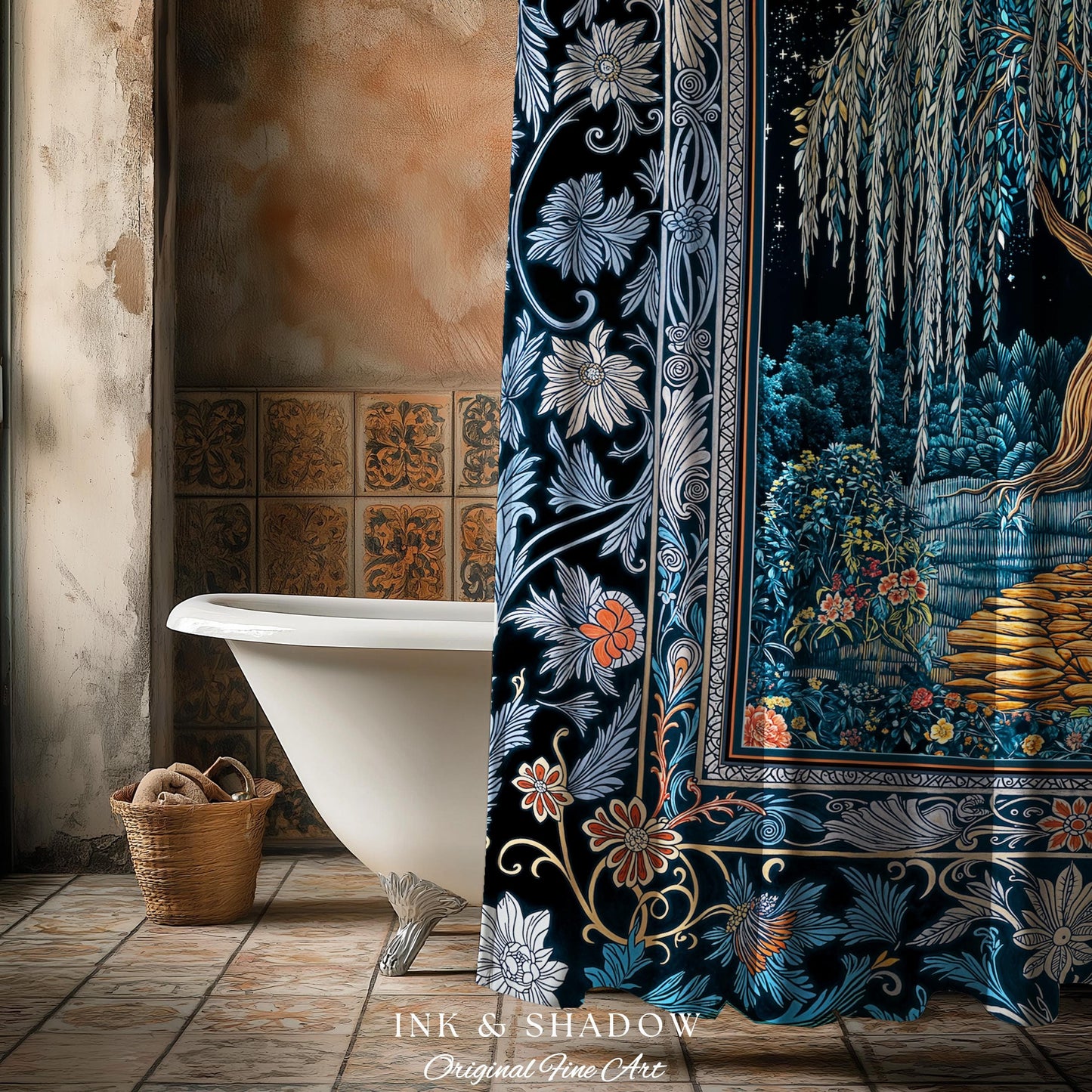 Crescent Moon Medieval Forest Shower Curtain | Weeping Willow Tree Fairytale Castle Garden Folklore Decor Celestial Bathroom Accent Witchy