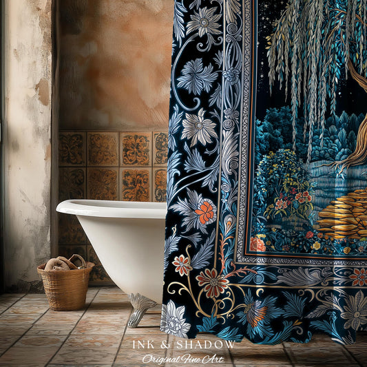 Crescent Moon Medieval Forest Shower Curtain | Weeping Willow Tree Fairytale Castle Garden Folklore Decor Celestial Bathroom Accent Witchy