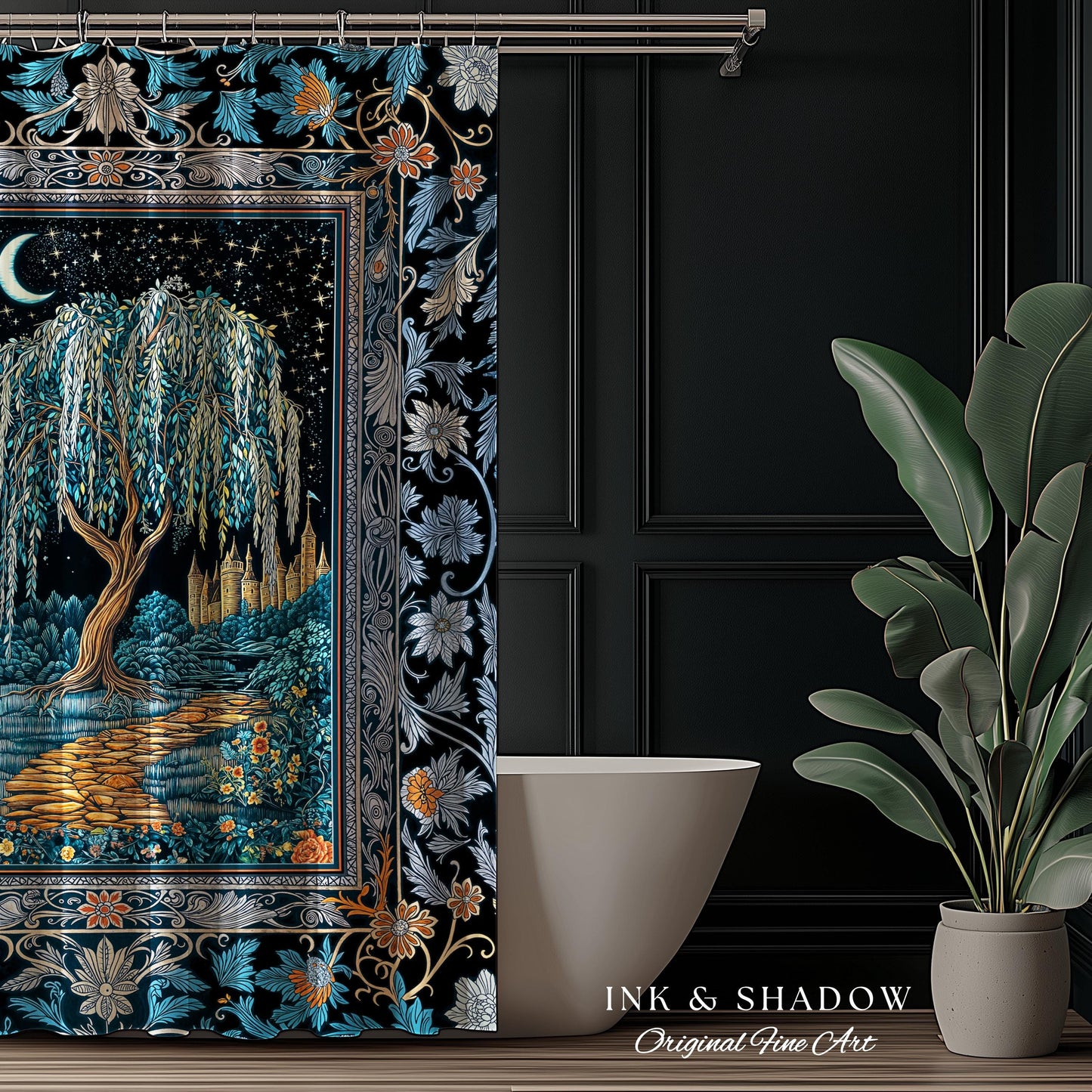 Crescent Moon Medieval Forest Shower Curtain | Weeping Willow Tree Fairytale Castle Garden Folklore Decor Celestial Bathroom Accent Witchy