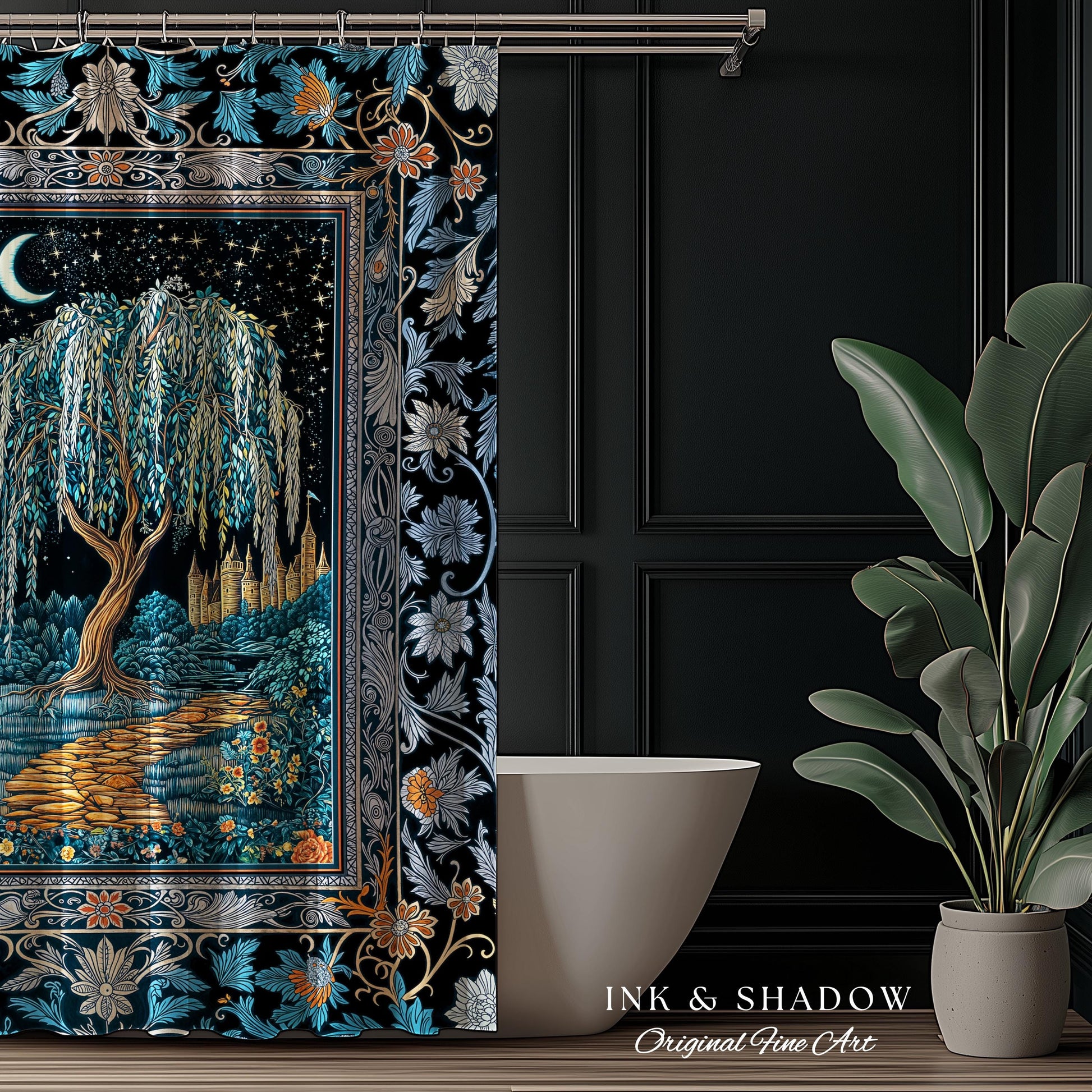 Crescent Moon Medieval Forest Shower Curtain | Weeping Willow Tree Fairytale Castle Garden Folklore Decor Celestial Bathroom Accent Witchy