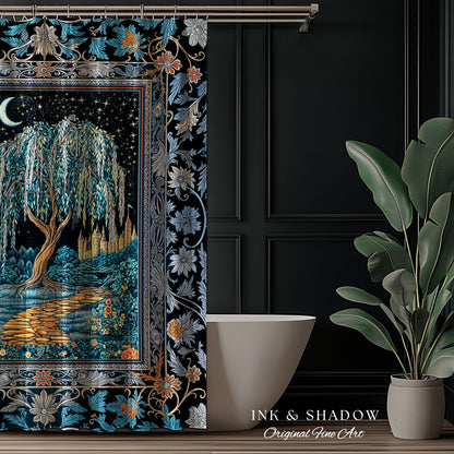 Crescent Moon Medieval Forest Shower Curtain | Weeping Willow Tree Fairytale Castle Garden Folklore Decor Celestial Bathroom Accent Witchy