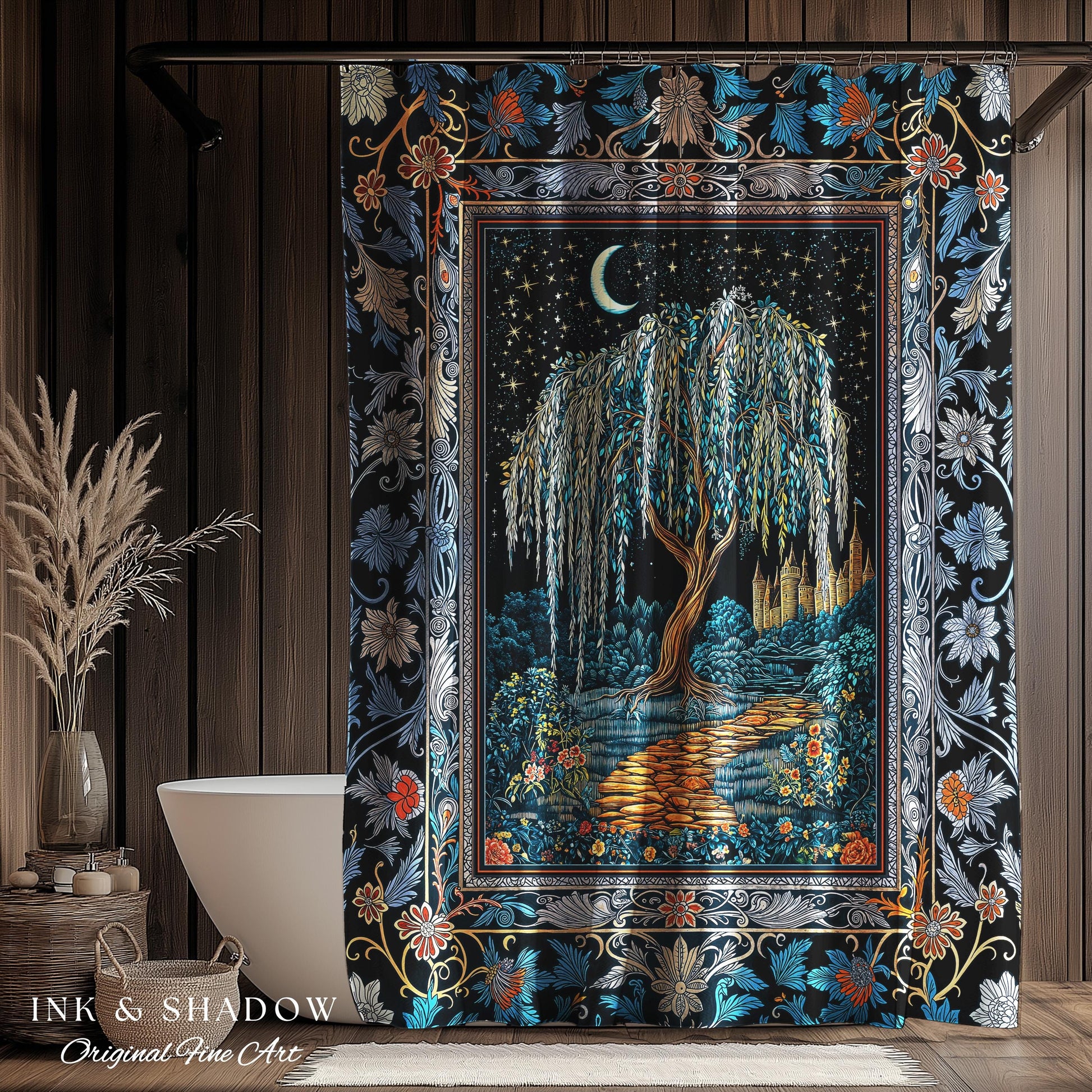 Crescent Moon Medieval Forest Shower Curtain | Weeping Willow Tree Fairytale Castle Garden Folklore Decor Celestial Bathroom Accent Witchy