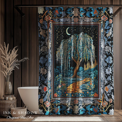 Crescent Moon Medieval Forest Shower Curtain | Weeping Willow Tree Fairytale Castle Garden Folklore Decor Celestial Bathroom Accent Witchy