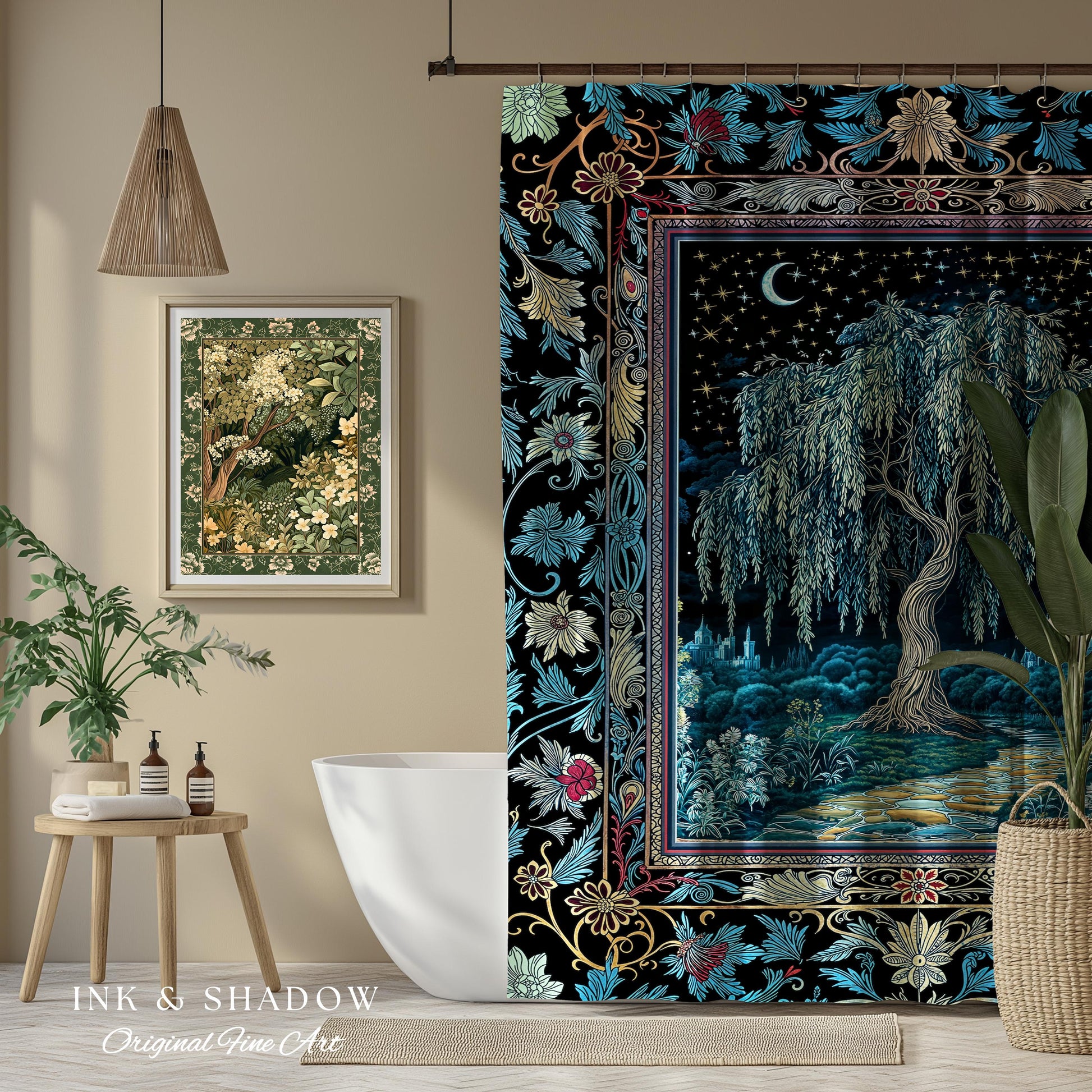 Starry Night Weeping Willow Tree Shower Curtain | Woodland Folklore Aesthetic Moonlit Castle Fairytale Decor Ethereal Witchy Bathroom Accent