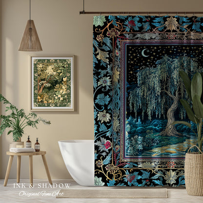 Starry Night Weeping Willow Tree Shower Curtain | Woodland Folklore Aesthetic Moonlit Castle Fairytale Decor Ethereal Witchy Bathroom Accent