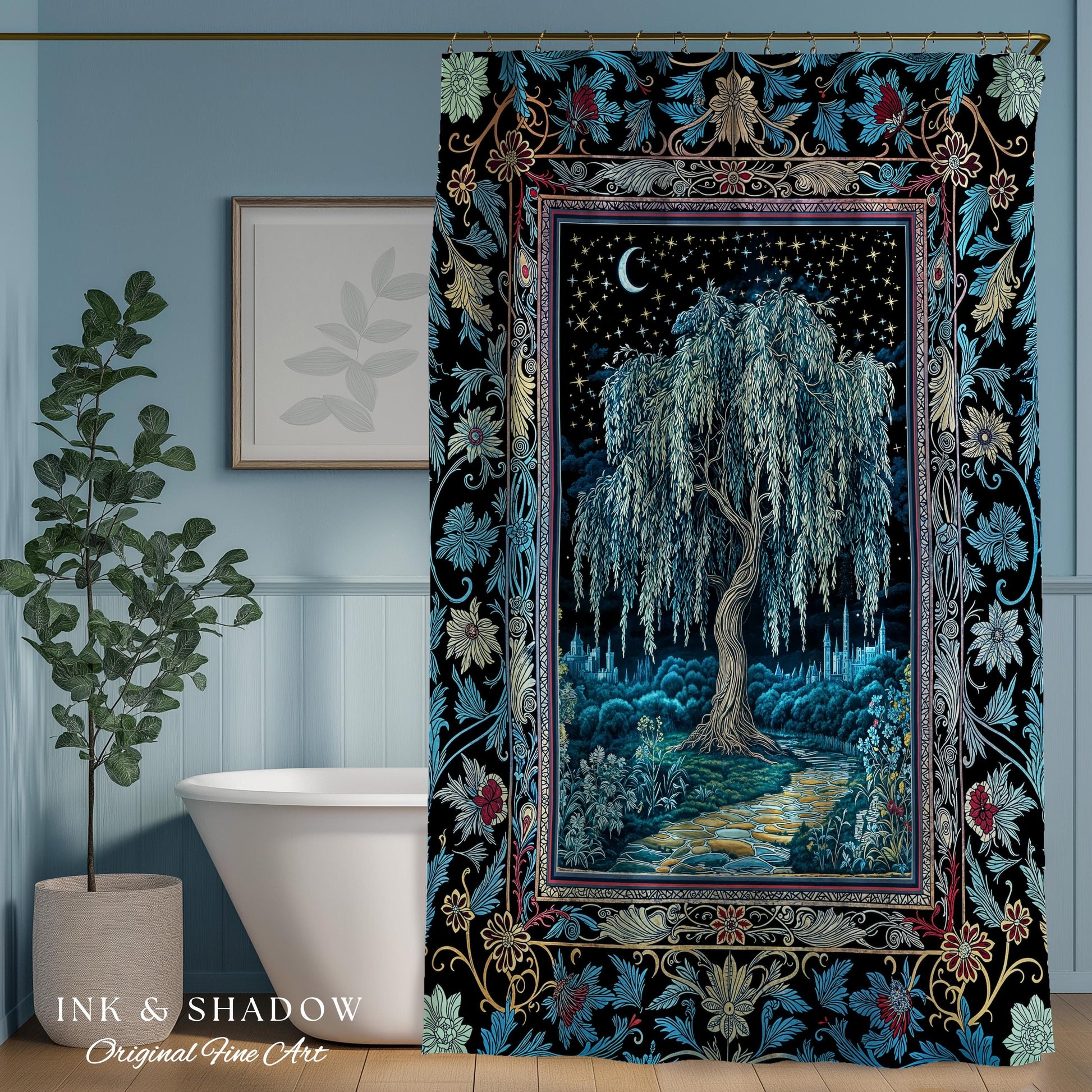 Starry Night Weeping Willow Tree Shower Curtain | Woodland Folklore Aesthetic Moonlit Castle Fairytale Decor Ethereal Witchy Bathroom Accent