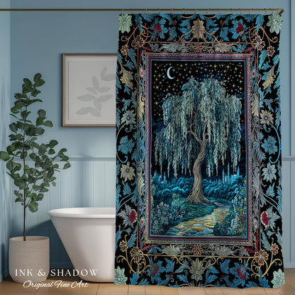 Starry Night Weeping Willow Tree Shower Curtain | Woodland Folklore Aesthetic Moonlit Castle Fairytale Decor Ethereal Witchy Bathroom Accent