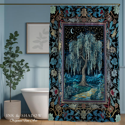 Starry Night Weeping Willow Tree Shower Curtain | Woodland Folklore Aesthetic Moonlit Castle Fairytale Decor Ethereal Witchy Bathroom Accent