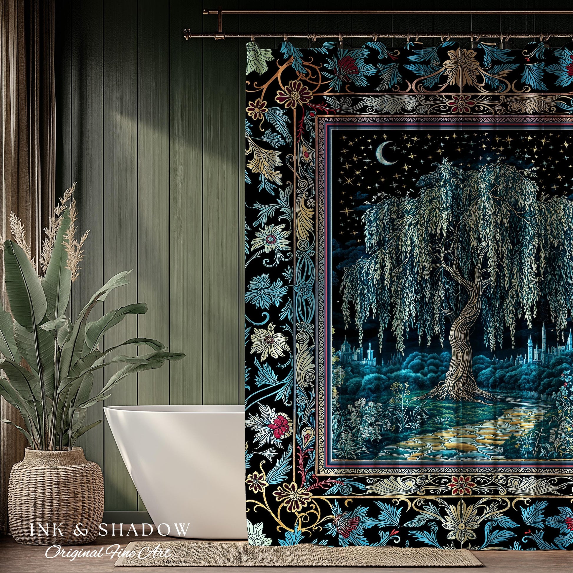 Starry Night Weeping Willow Tree Shower Curtain | Woodland Folklore Aesthetic Moonlit Castle Fairytale Decor Ethereal Witchy Bathroom Accent