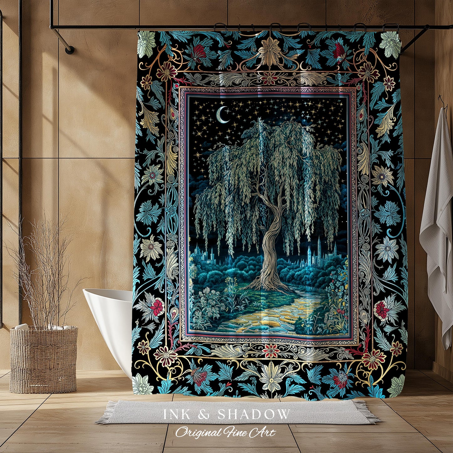 Starry Night Weeping Willow Tree Shower Curtain | Woodland Folklore Aesthetic Moonlit Castle Fairytale Decor Ethereal Witchy Bathroom Accent
