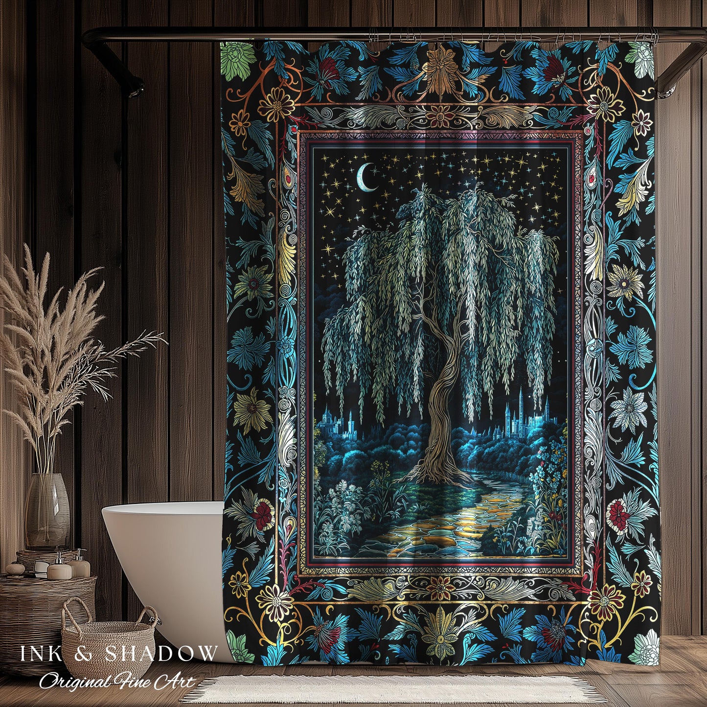 Starry Night Weeping Willow Tree Shower Curtain | Woodland Folklore Aesthetic Moonlit Castle Fairytale Decor Ethereal Witchy Bathroom Accent
