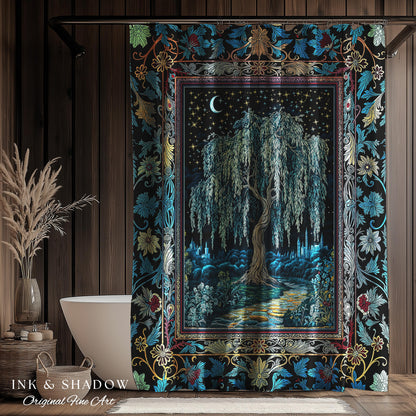 Starry Night Weeping Willow Tree Shower Curtain | Woodland Folklore Aesthetic Moonlit Castle Fairytale Decor Ethereal Witchy Bathroom Accent