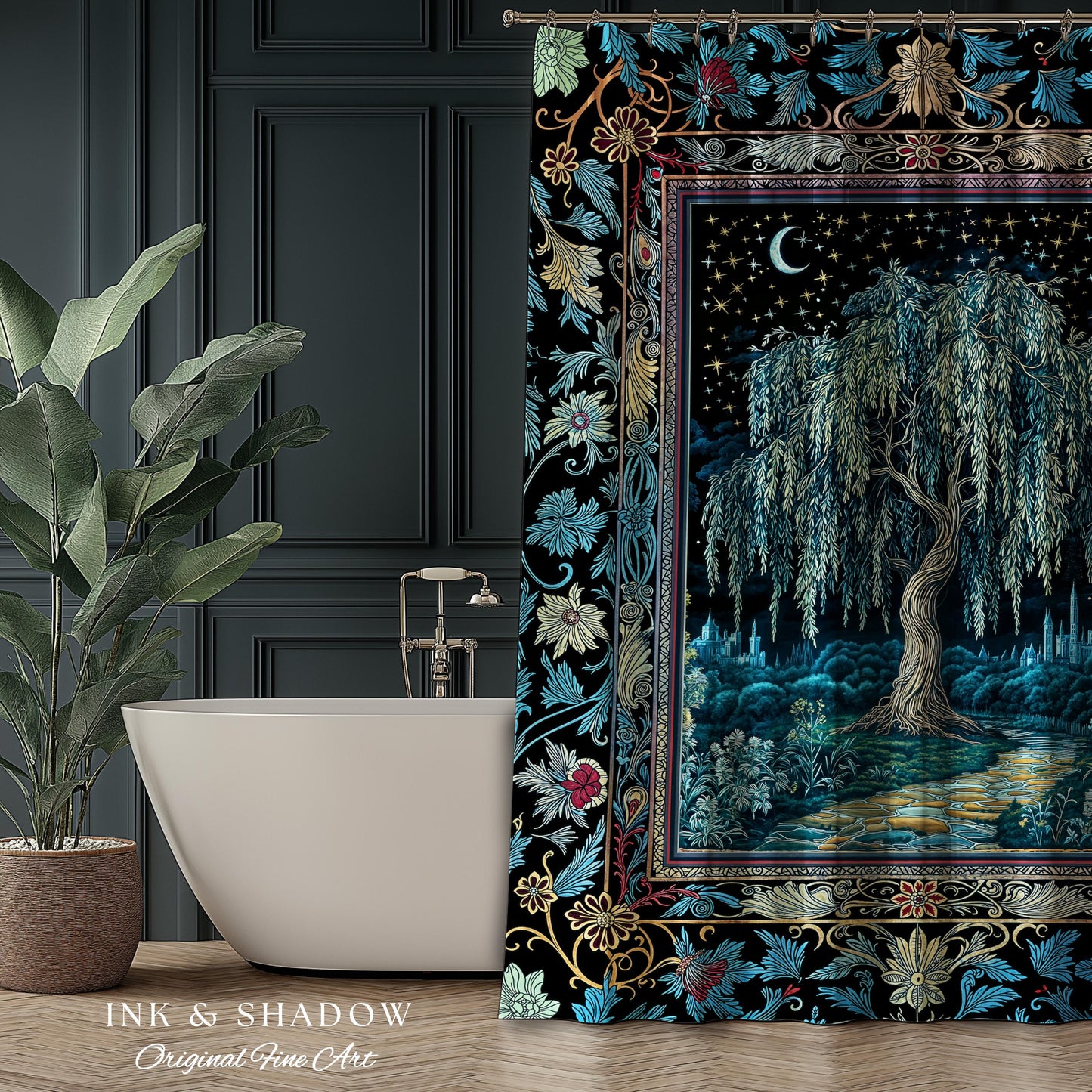 Starry Night Weeping Willow Tree Shower Curtain | Woodland Folklore Aesthetic Moonlit Castle Fairytale Decor Ethereal Witchy Bathroom Accent