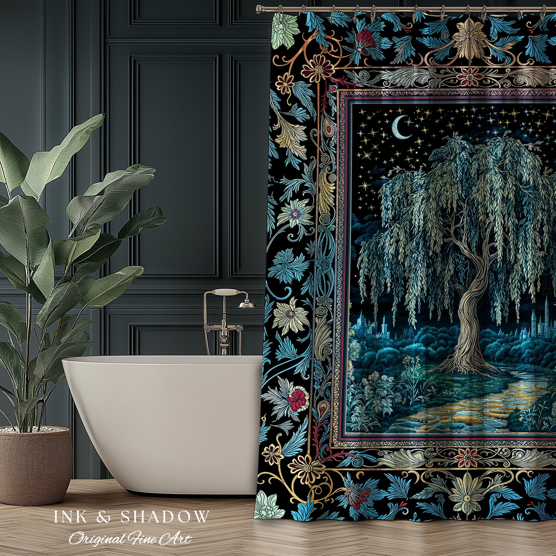 Starry Night Weeping Willow Tree Shower Curtain | Woodland Folklore Aesthetic Moonlit Castle Fairytale Decor Ethereal Witchy Bathroom Accent
