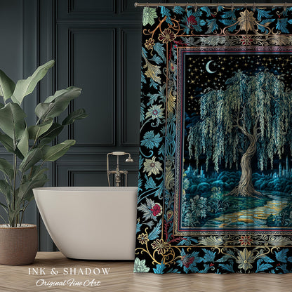 Starry Night Weeping Willow Tree Shower Curtain | Woodland Folklore Aesthetic Moonlit Castle Fairytale Decor Ethereal Witchy Bathroom Accent