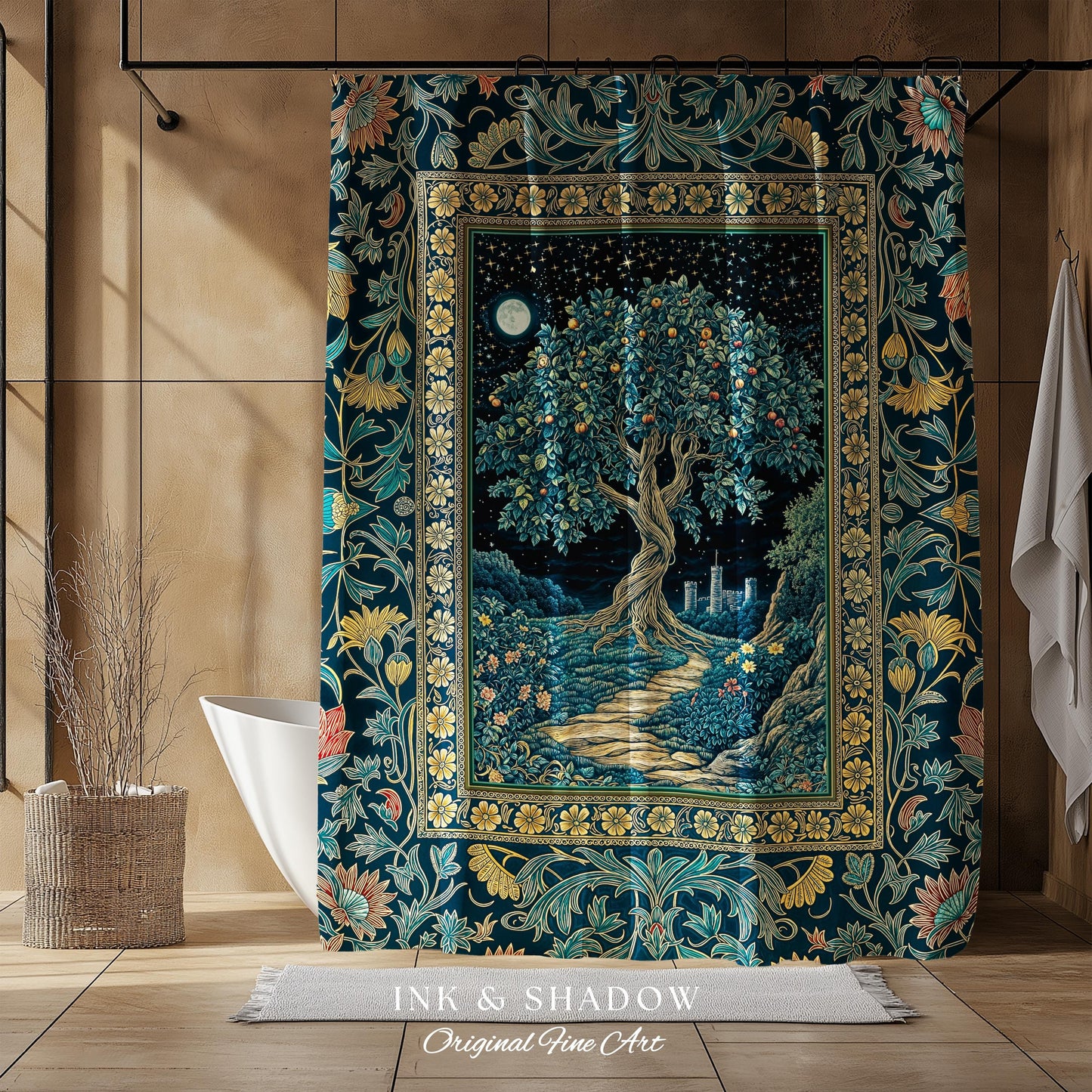 Enchanted Woodland Path Shower Curtain | Dreamy Moonlit Medieval Garden Decor Celestial Willow Tree Fantasy Style Bathroom Accent Fairycore