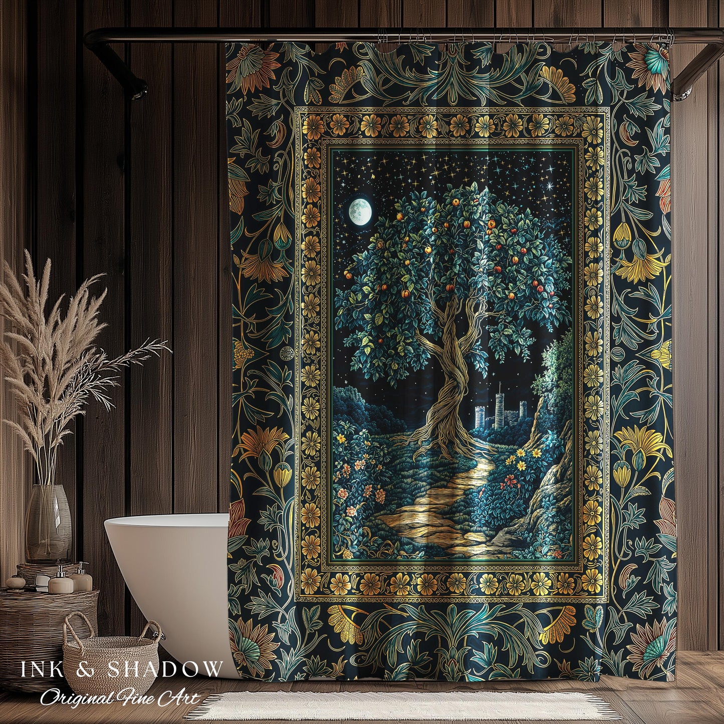 Enchanted Woodland Path Shower Curtain | Dreamy Moonlit Medieval Garden Decor Celestial Willow Tree Fantasy Style Bathroom Accent Fairycore