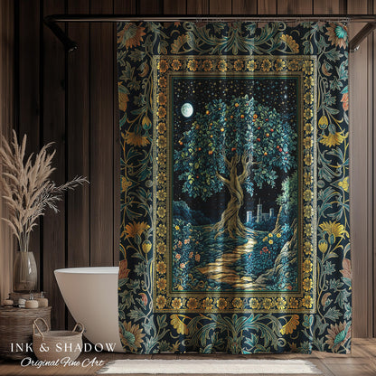 Enchanted Woodland Path Shower Curtain | Dreamy Moonlit Medieval Garden Decor Celestial Willow Tree Fantasy Style Bathroom Accent Fairycore