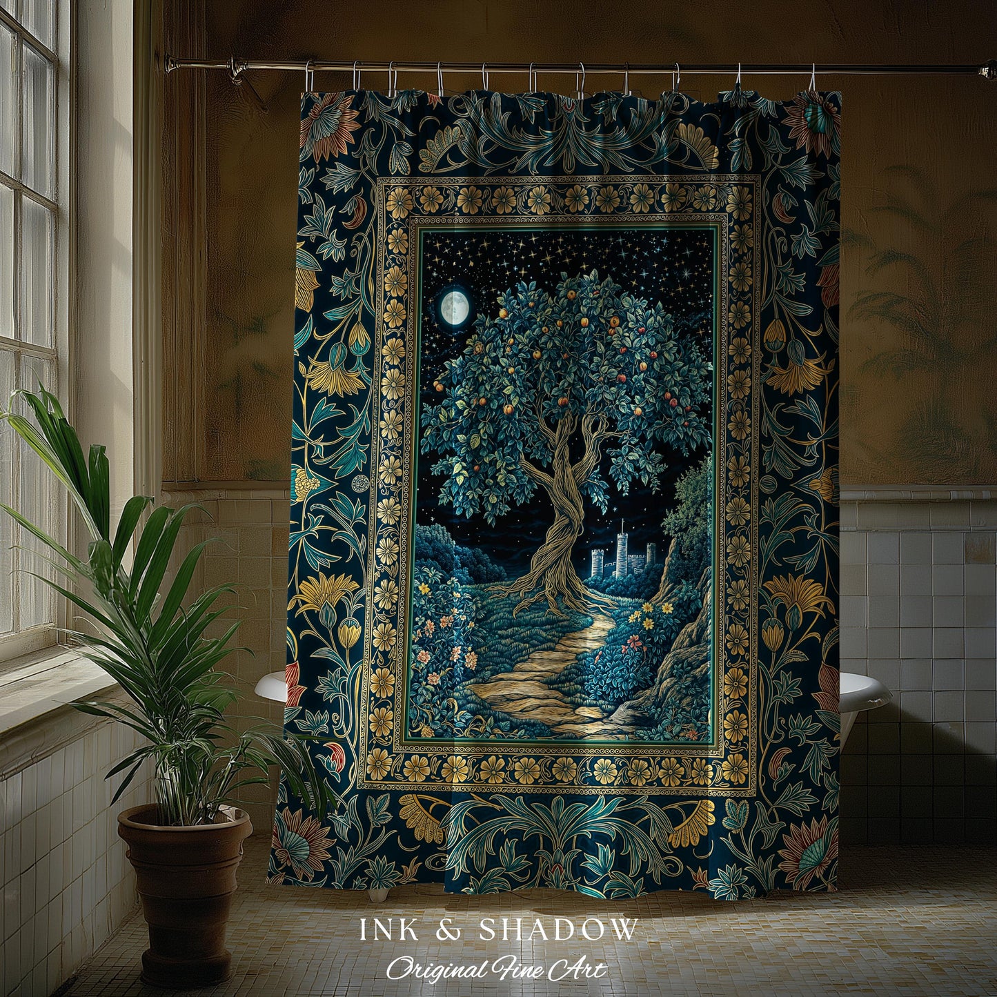 Enchanted Woodland Path Shower Curtain | Dreamy Moonlit Medieval Garden Decor Celestial Willow Tree Fantasy Style Bathroom Accent Fairycore