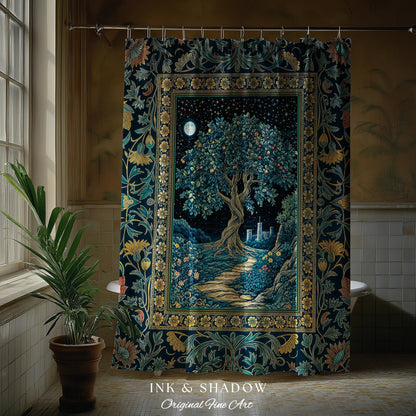 Enchanted Woodland Path Shower Curtain | Dreamy Moonlit Medieval Garden Decor Celestial Willow Tree Fantasy Style Bathroom Accent Fairycore